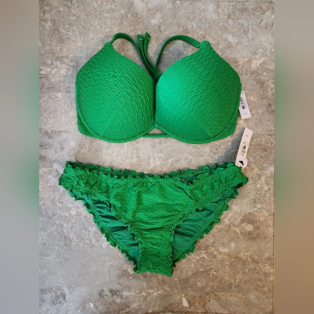 34B/S VS Swim Bombshell PushUp Bikini Top Ruffle Cheeky Bikini Set Green Fishnet